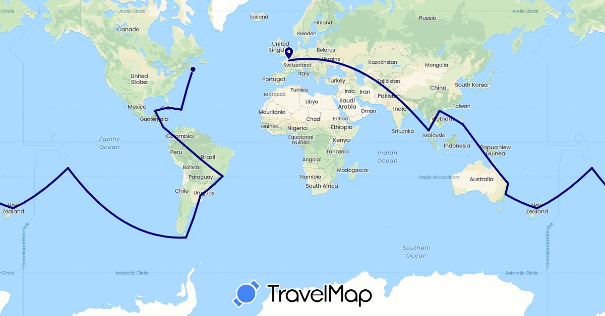 TravelMap itinerary: driving in Argentina, Australia, Brazil, Canada, Costa Rica, Cuba, France, Mexico, New Zealand, Philippines, Turks and Caicos Islands, Thailand, Vietnam (Asia, Europe, North America, Oceania, South America)